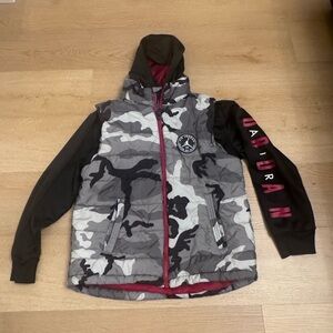 Jordan Boys' Gray Camo Puffer Jacket with Black Sleeves and Maroon Trim